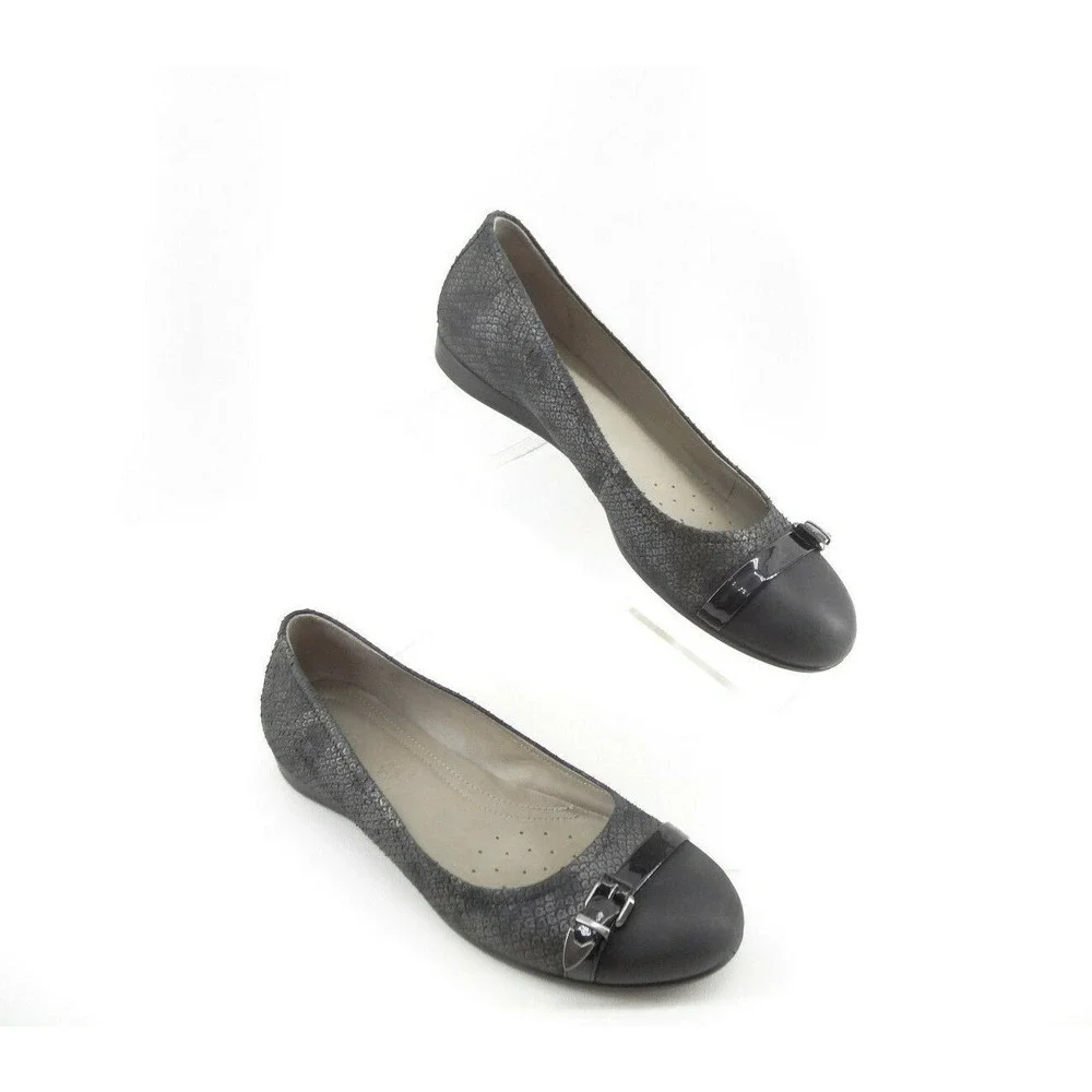 ECCO Womens SZ 38 EU 7-7.5US Black Leather Snake Skin Print Buckle Comfort Flats